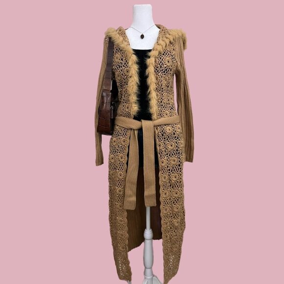 y2k tan boho fairy whimsygoth granola grunge crochet long line cardigan - Picture 1 of 8